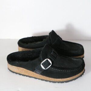 Birkenstock Buckley Shearling Clog Womens 38 US 7 7.5 Black Suede Slip On